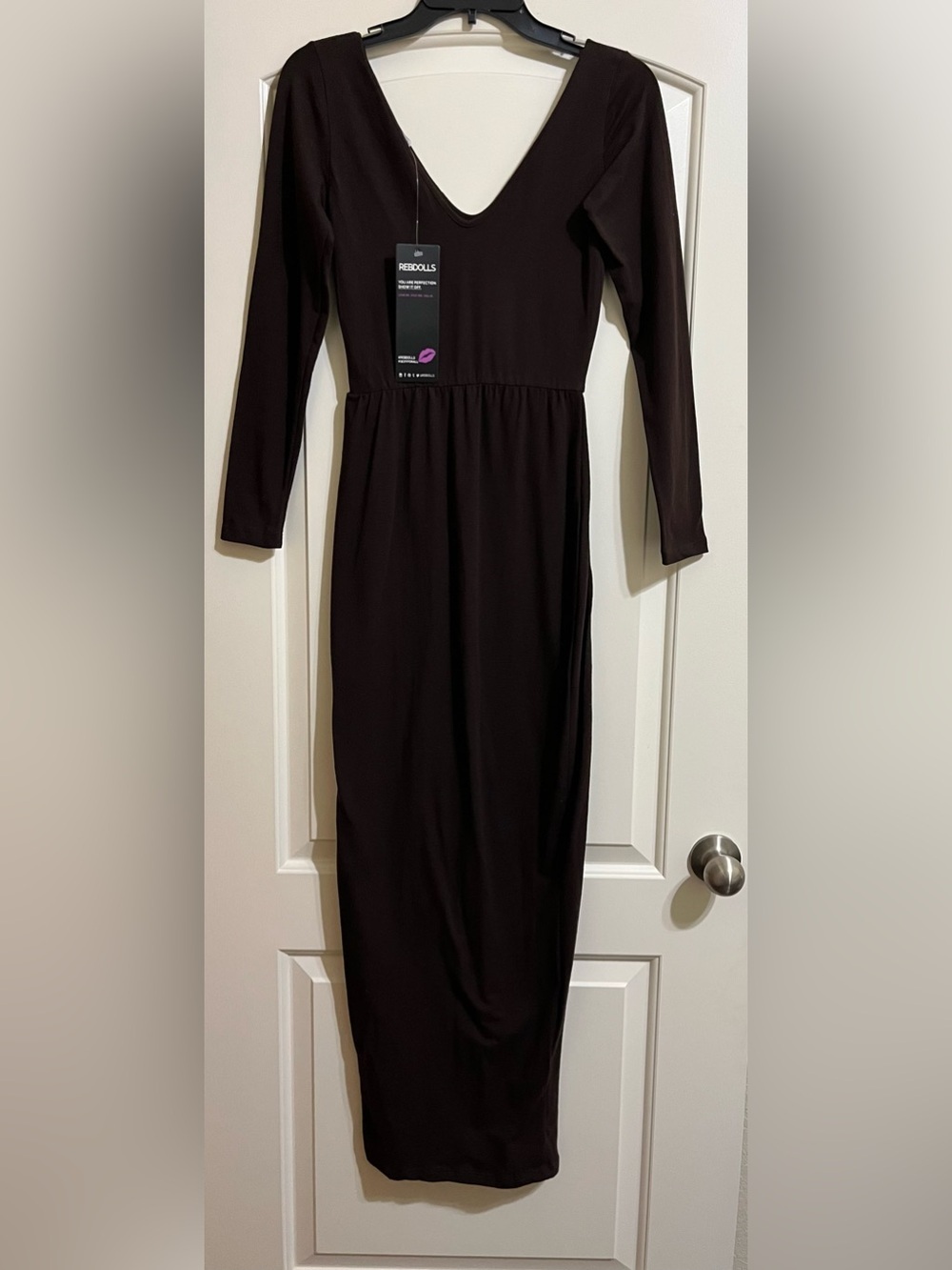 NWT REBDOLLS Essentials Bodycon Chocolate Brown V-Neck Stretch Maxi Dress M